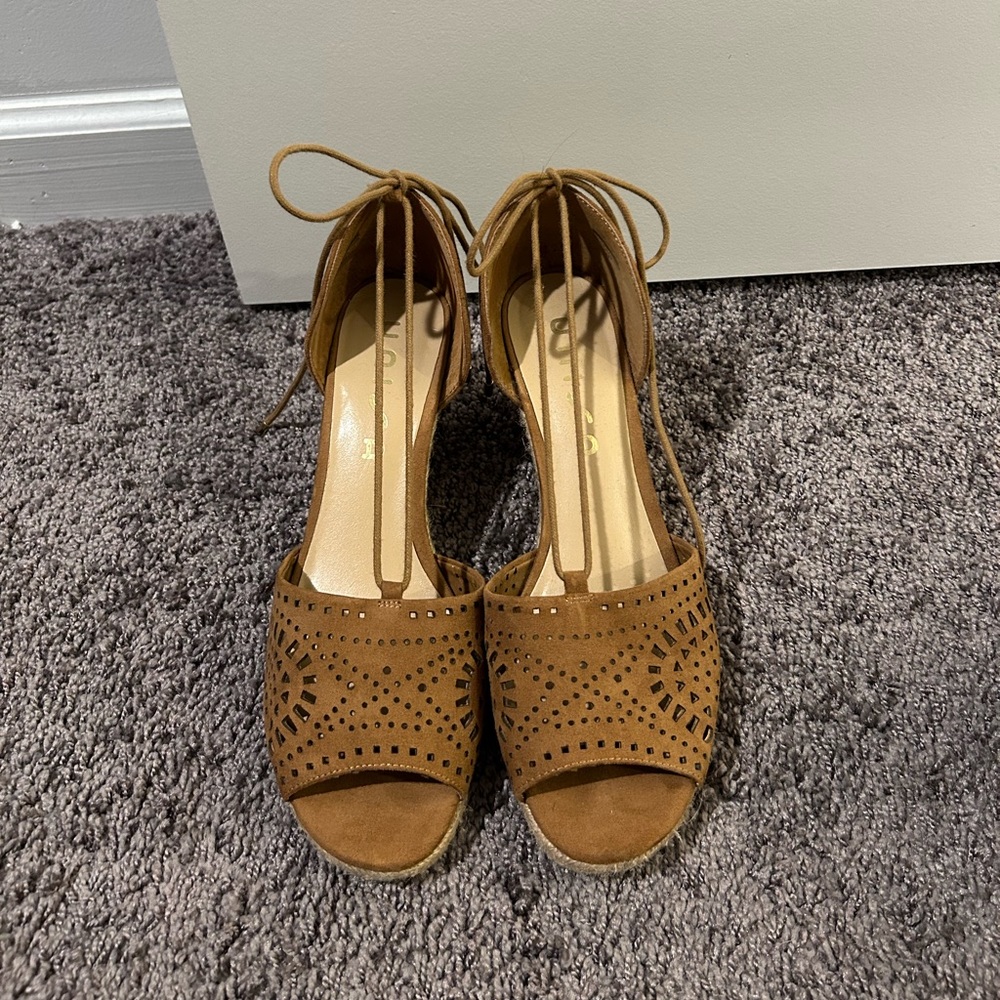 Woman’s Suede Wedge Sandal, worn once, size 8.5